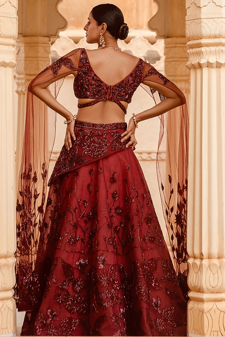 Cranberry Motifs Embroidered Bridal Lehenga Set by AMIT GT at Pernia's Pop Up Shop