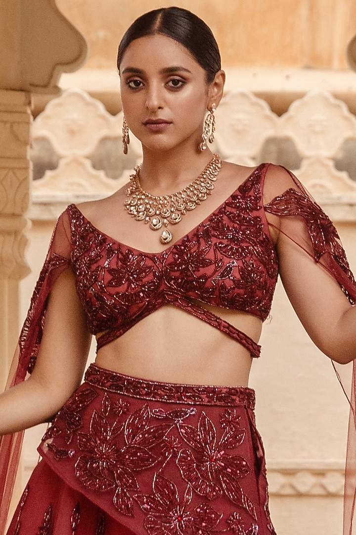 Cranberry Motifs Embroidered Bridal Lehenga Set by AMIT GT at Pernia's Pop Up Shop