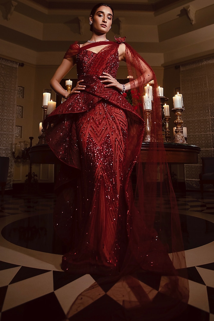 Cranberry Embroidered Wrap-Around Pillar Gown by AMIT GT