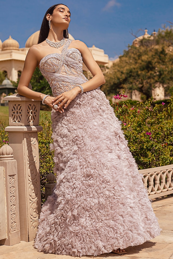 Grey Embroidered Tulle Gown by AMIT GT