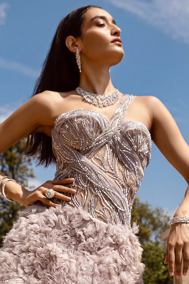 Grey Embroidered Tulle Gown by AMIT GT at Pernia's Pop Up Shop