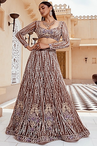 Mocha Embellished Lehenga Set by AMIT GT