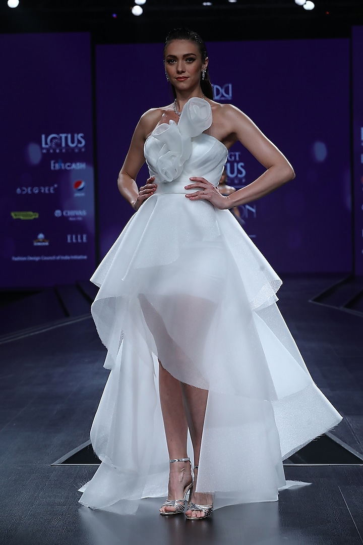 White Tiered Draped Ruffled Gown by AMIT GT