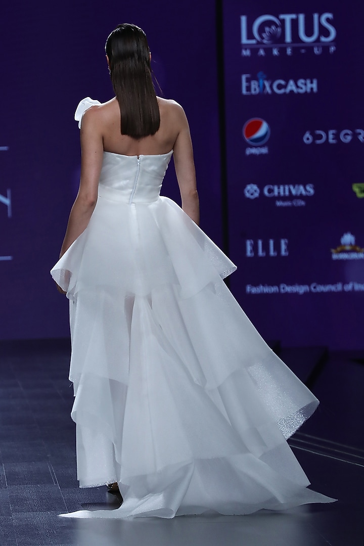 White Tiered Draped Ruffled Gown by AMIT GT at Pernia's Pop Up Shop
