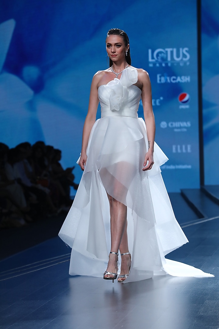 White Tiered Draped Ruffled Gown by AMIT GT at Pernia's Pop Up Shop