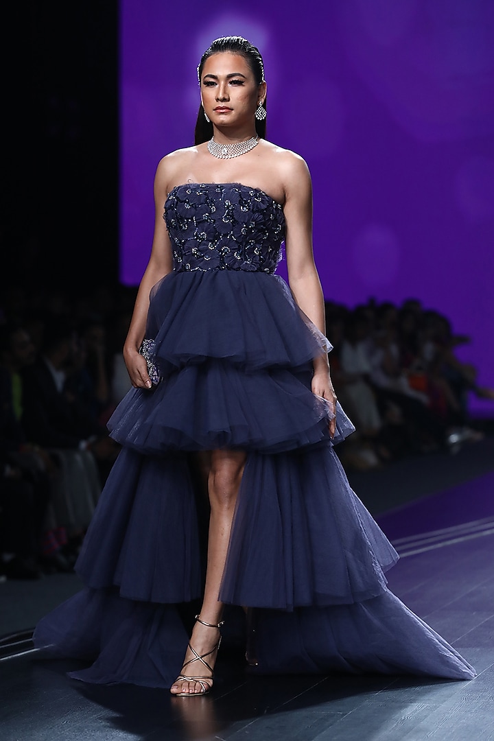 Midnight Blue Embroidered Tiered Ball Gown by AMIT GT
