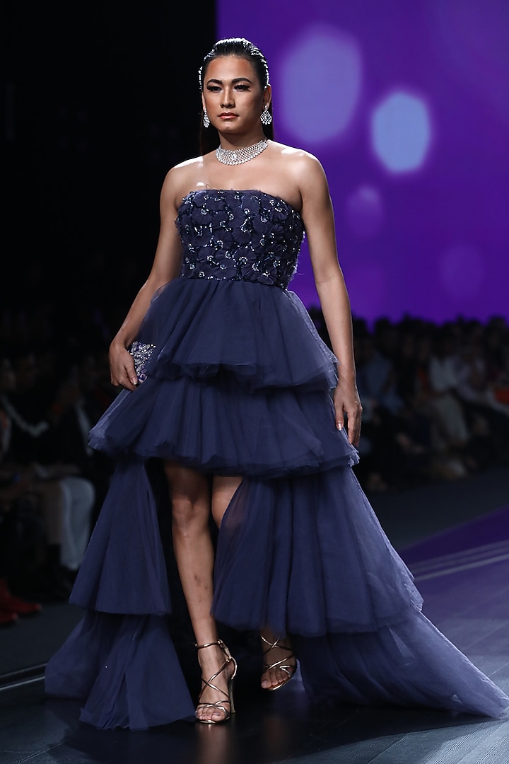 Midnight Blue Embroidered Tiered Ball Gown by AMIT GT at Pernia's Pop Up Shop