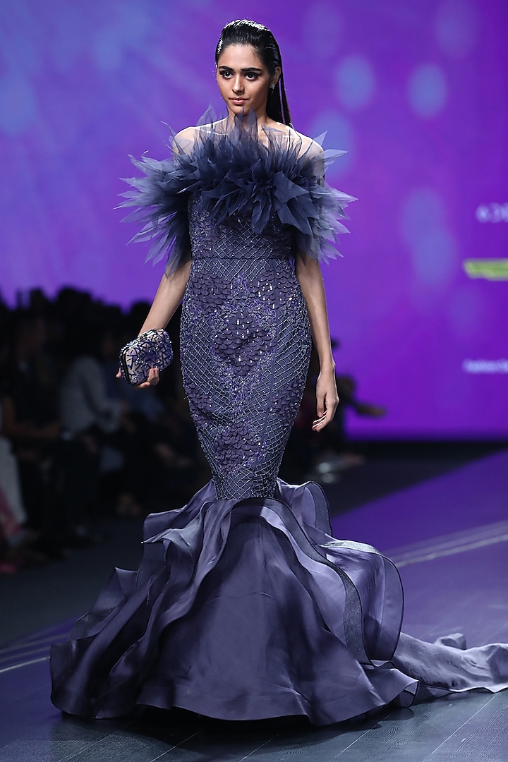 Tanzanite Blue Embroidered Mermaid Gown by AMIT GT