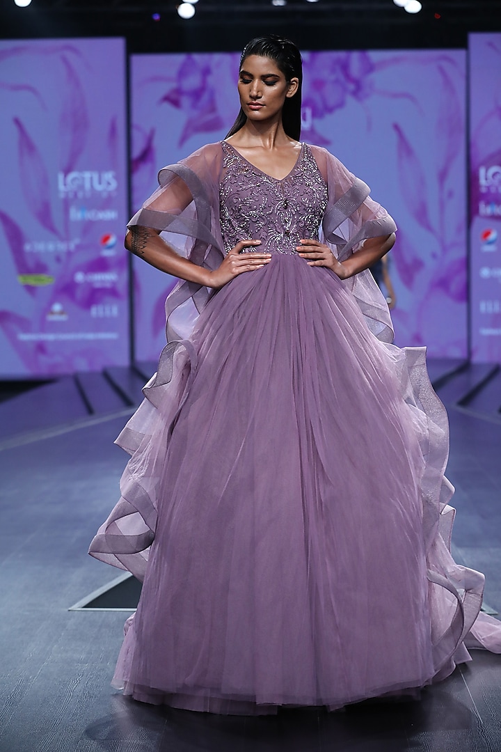Lavender Embroidered Layered Ball Gown by AMIT GT