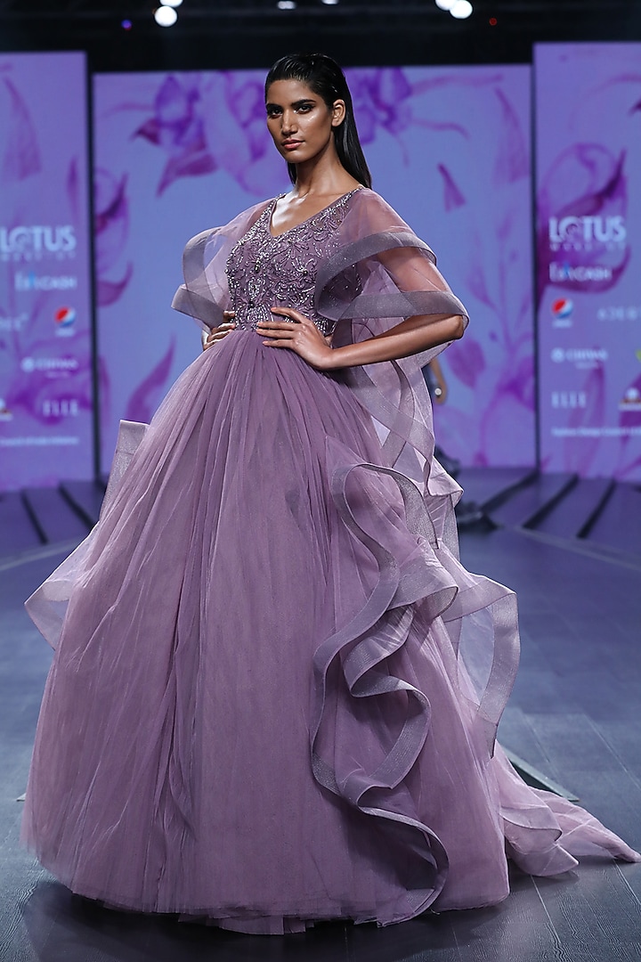 Lavender Embroidered Layered Ball Gown by AMIT GT at Pernia's Pop Up Shop