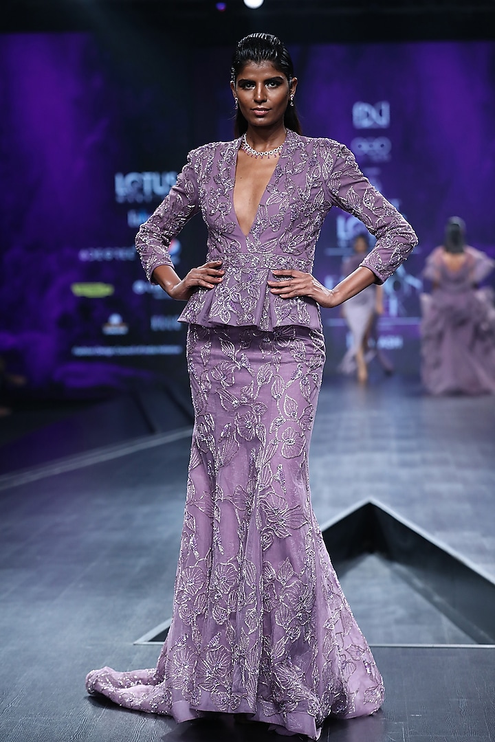 Lavender Embroidered Coat Gown by AMIT GT