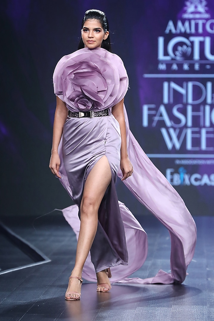 Lavender Embroidered Floral Gown With Drape & Cape by AMIT GT