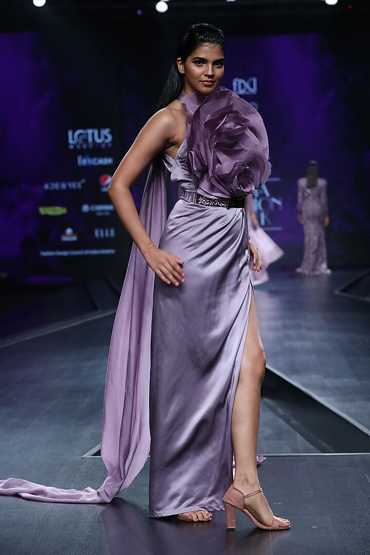 Lavender Embroidered Floral Gown With Drape & Cape by AMIT GT at Pernia's Pop Up Shop