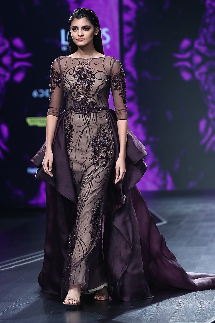 Bordeaux Embroidered Draped Trail Gown by AMIT GT
