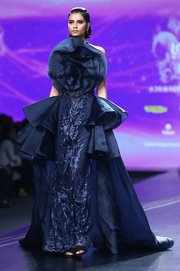 Midnight Blue Embroidered Drape Gown by AMIT GT at Pernia's Pop Up Shop