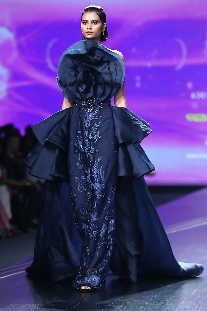 Midnight Blue Embroidered Drape Gown by AMIT GT at Pernia's Pop Up Shop