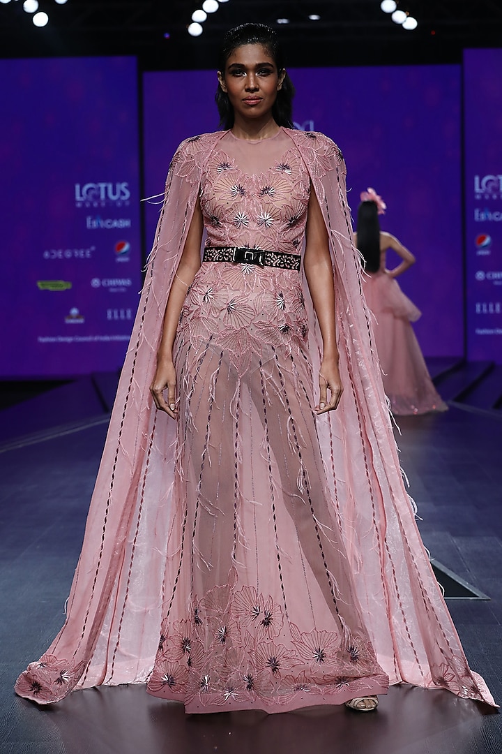 Light Pink Embroidered Cape Gown by AMIT GT