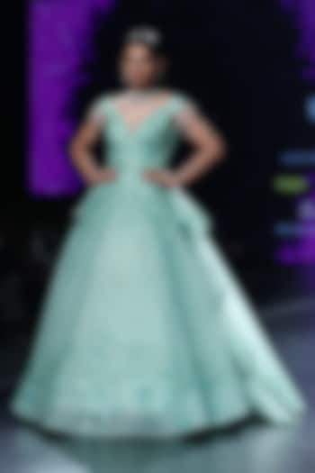Sea Green Embroidered Draped Ball Gown by AMIT GT at Pernia's Pop Up Shop