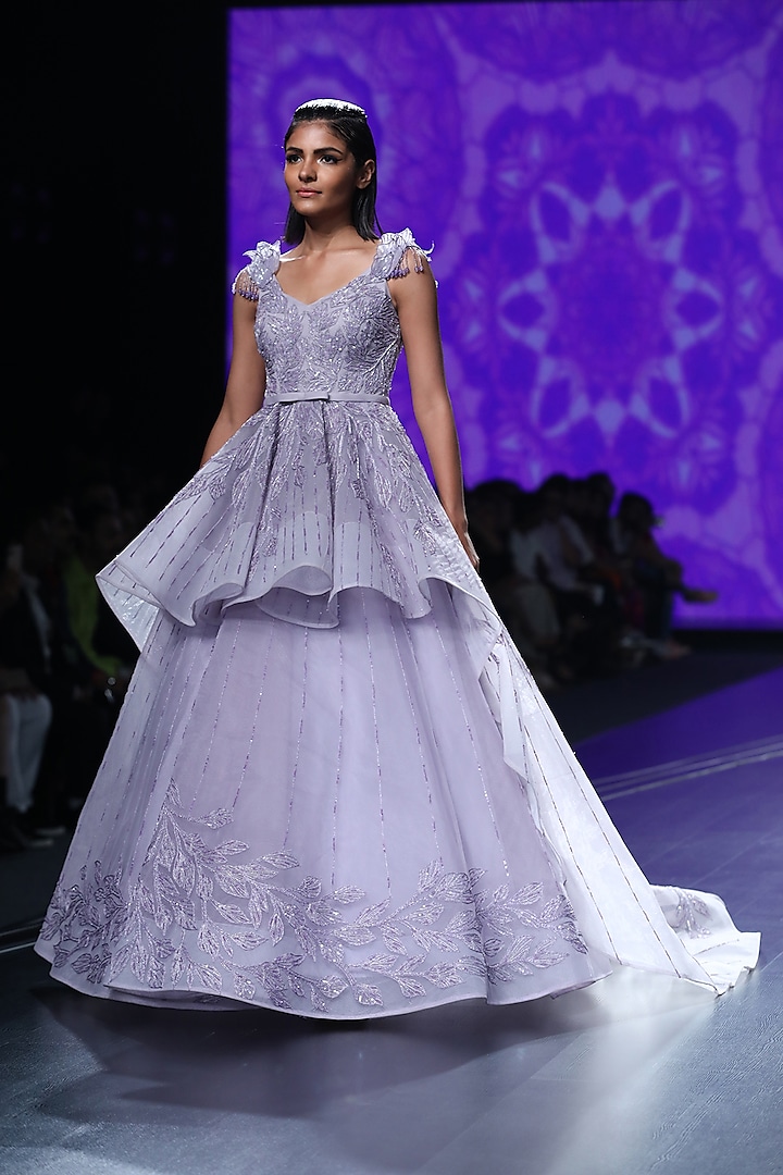 Mauve Embroidered Peplum Ball Gown by AMIT GT