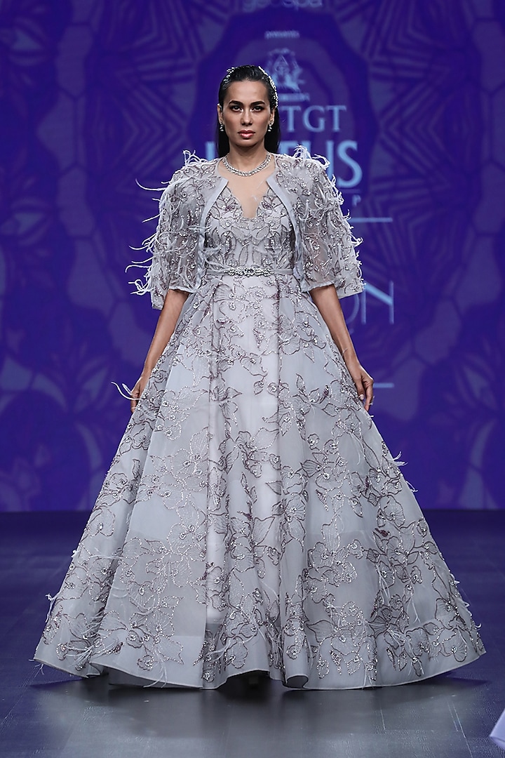 Lavender Embroidered Ball Gown With Jacket by AMIT GT