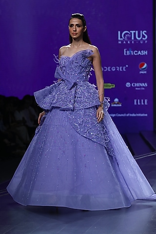 Blue Embroidered Tiered Ball Gown by AMIT GT