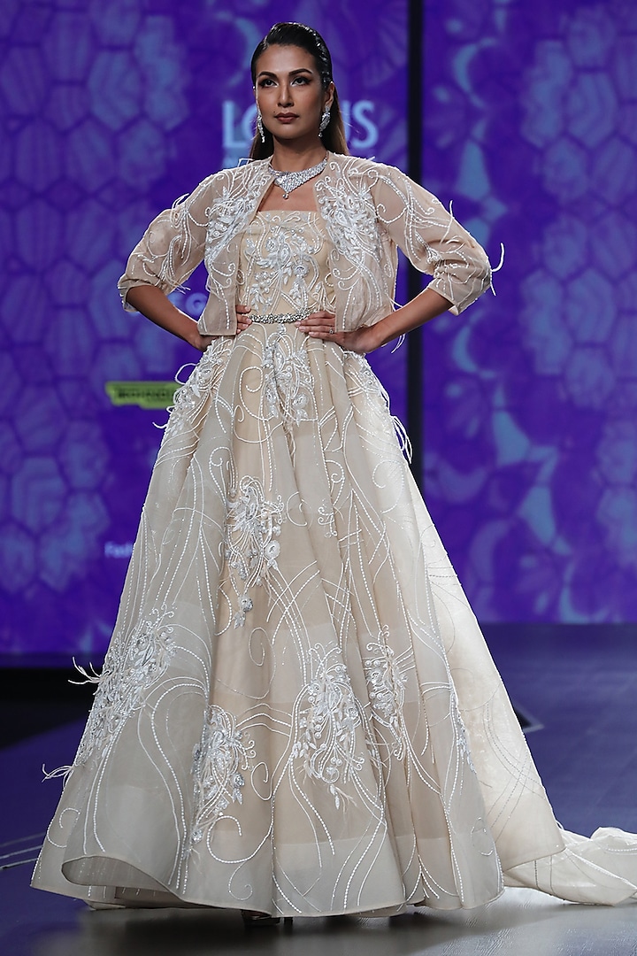 Beige Embroidered Ball Gown With Jacket by AMIT GT