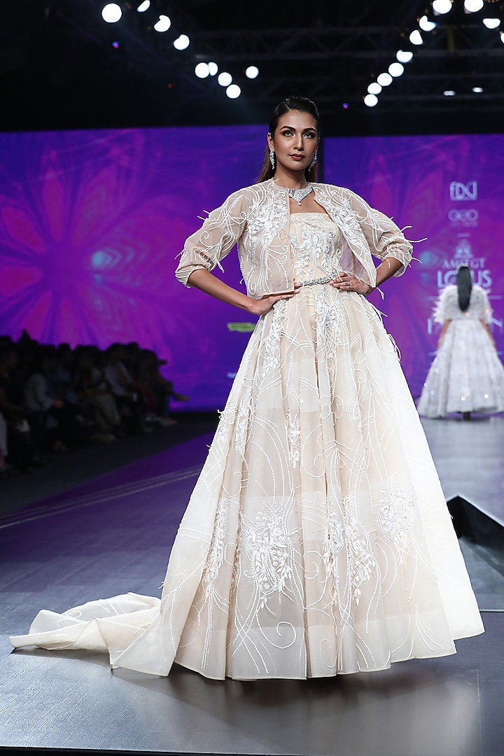 Beige Embroidered Ball Gown With Jacket by AMIT GT at Pernia's Pop Up Shop