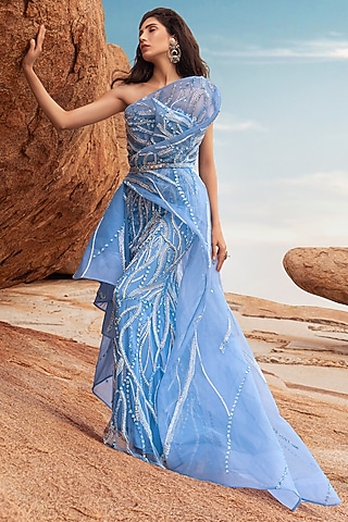 Light Blue Embellished Wrapped Gown by AMIT GT