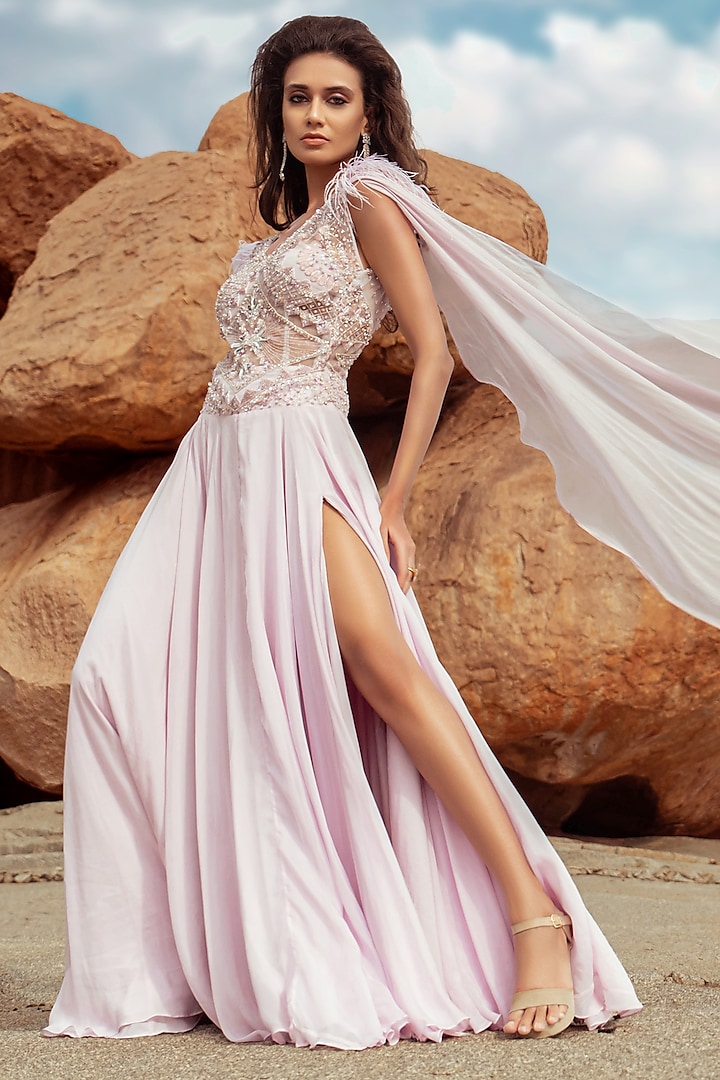 Pink Embroidered High Slit Gown by AMIT GT
