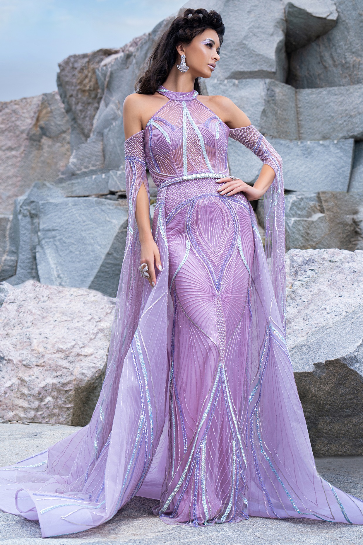 Lilac Embroidered Pillar Gown by AMIT GT at Pernia s Pop Up Shop 2024