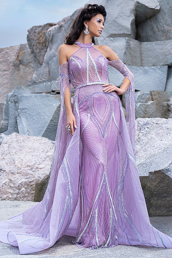 Lilac Embroidered Pillar Gown by AMIT GT