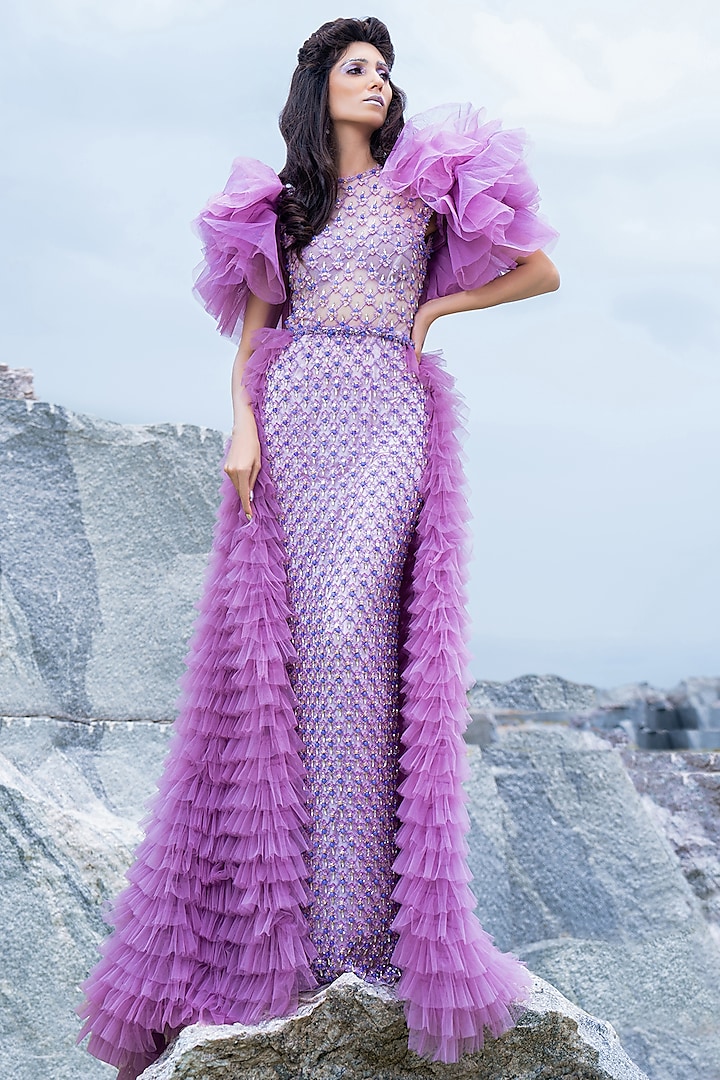 Lilac Tulle Ruffled Gown by AMIT GT