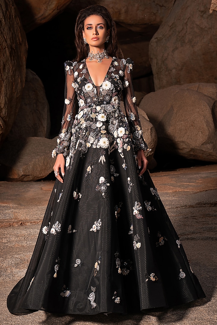 Black Embroidered Gown by AMIT GT