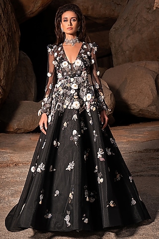 Black Embroidered Gown by AMIT GT