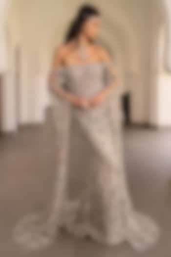 Grey Tulle Embroidered Gown by AMIT GT