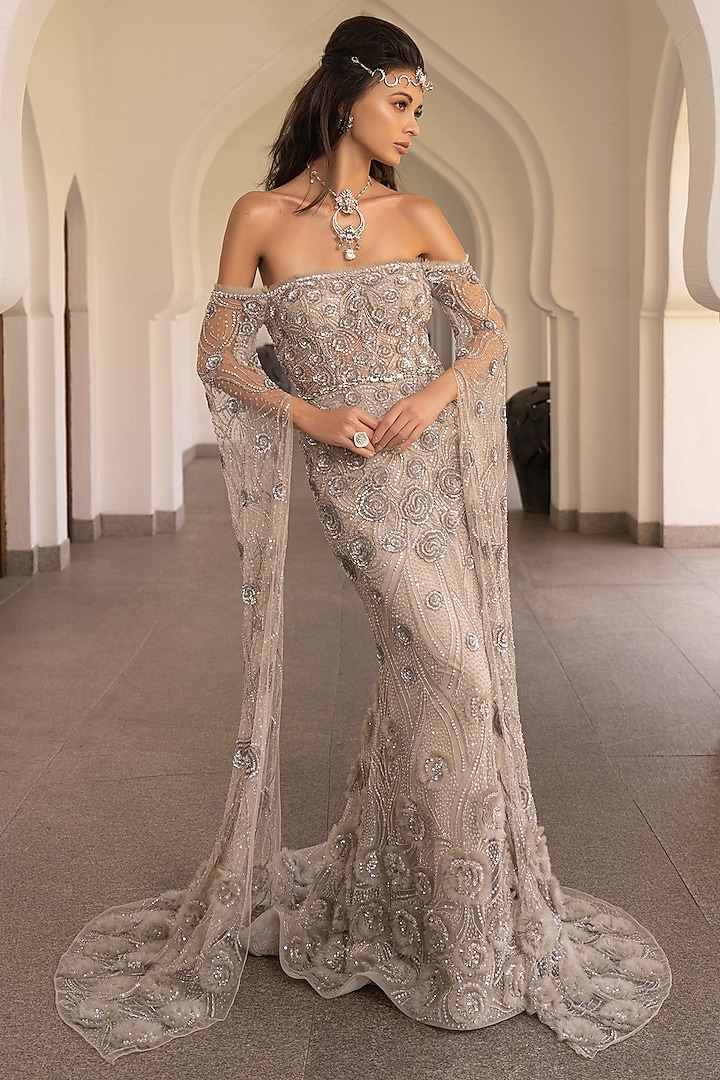 Grey Tulle Embroidered Gown by AMIT GT