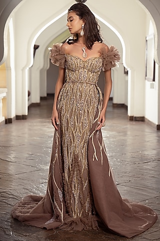Light Mocha Embroidered Train Gown by AMIT GT