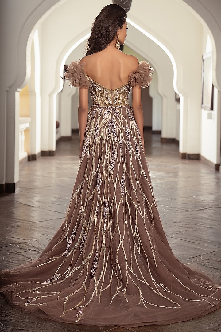Light Mocha Embroidered Train Bridal Gown by AMIT GT at Pernia's Pop Up Shop