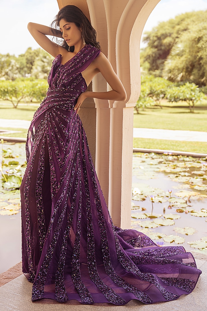 Dark Purple Embroidered Draped Gown by AMIT GT
