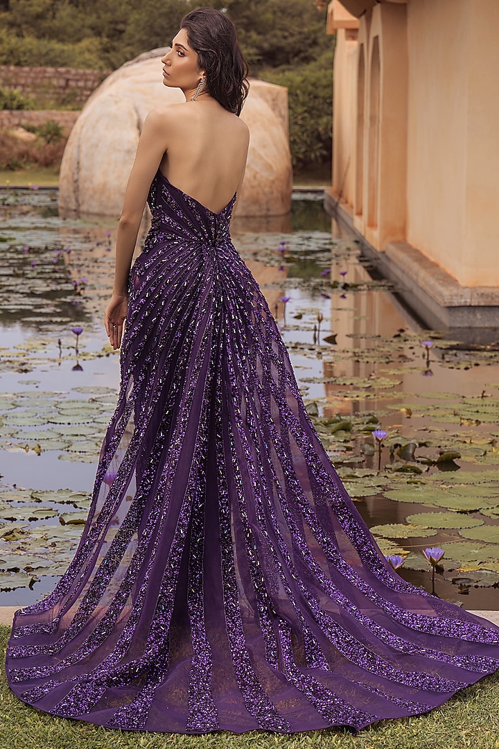 Dark Purple Embroidered Draped Bridal Gown by AMIT GT at Pernia's Pop Up Shop