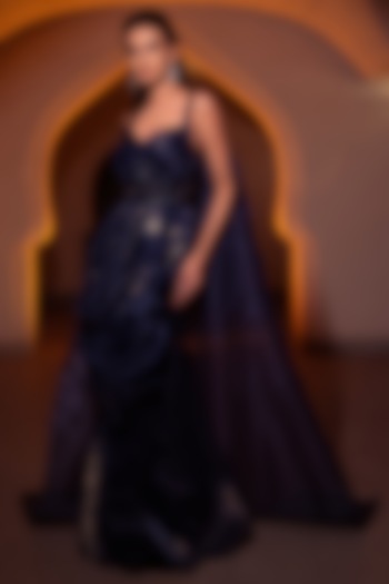 Navy Blue Embroidered Draped Gown by AMIT GT
