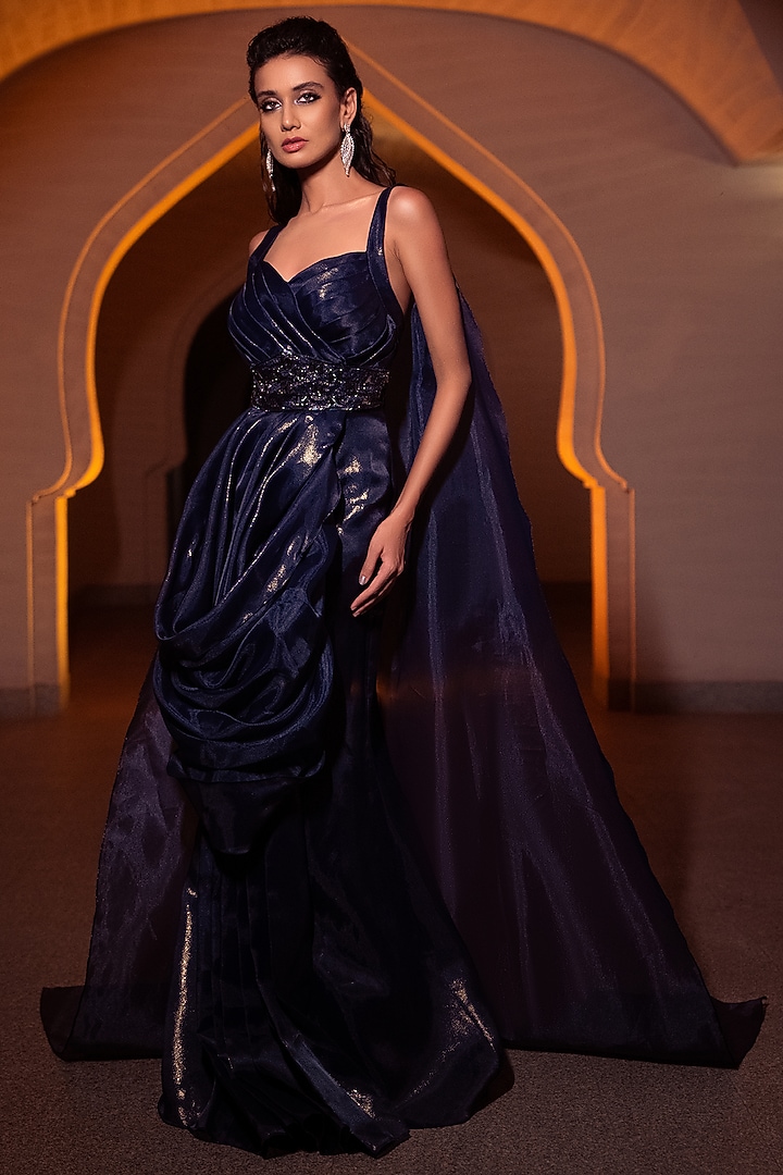 Navy Blue Embroidered Draped Engagement Gown by AMIT GT at Pernia's Pop Up Shop