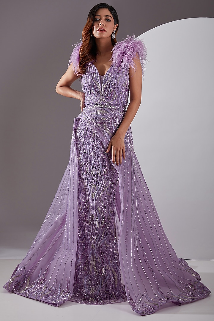 Lilac Tulle Hand Embroidered Gown by AMIT GT