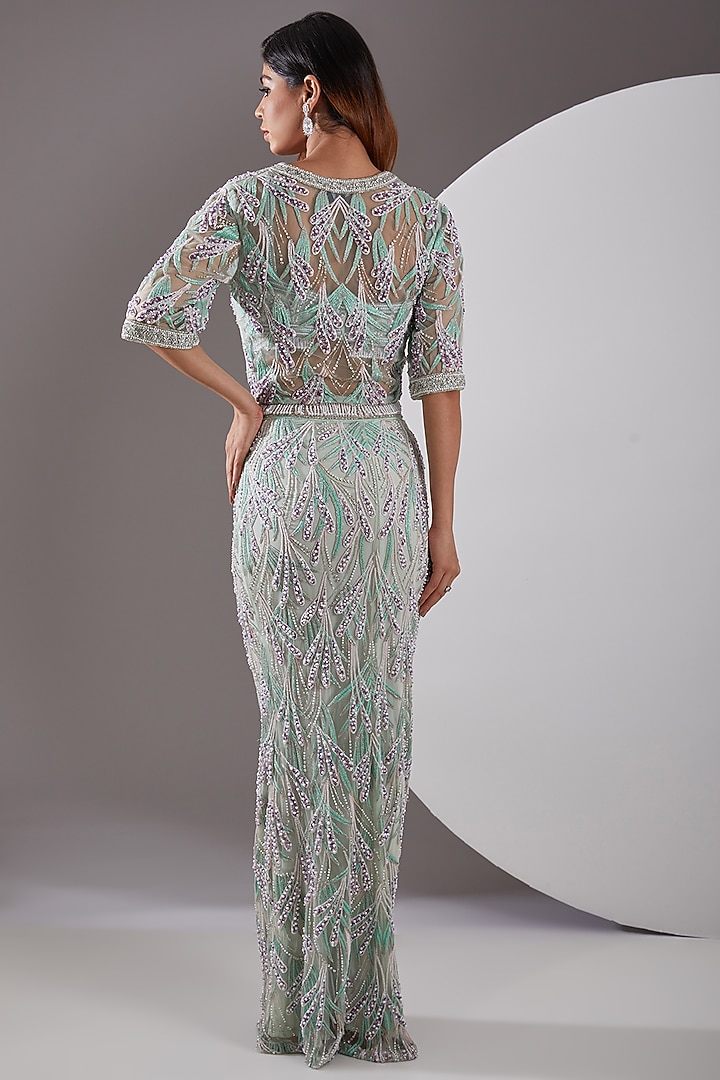 Mint Tulle Hand Embroidered Skirt Set by AMIT GT at Pernia's Pop Up Shop