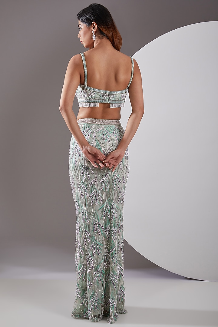 Mint Tulle Hand Embroidered Skirt Set by AMIT GT at Pernia's Pop Up Shop