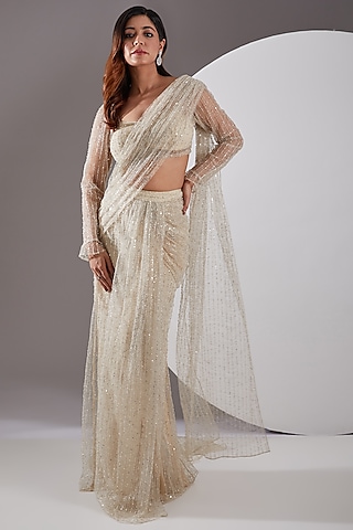 Cream Lace Embellished Gown Saree Set by AMIT GT
