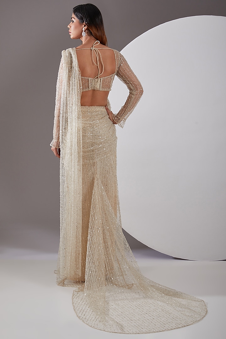 Cream Lace Embellished Wedding Gown Saree Set by AMIT GT at Pernia's Pop Up Shop