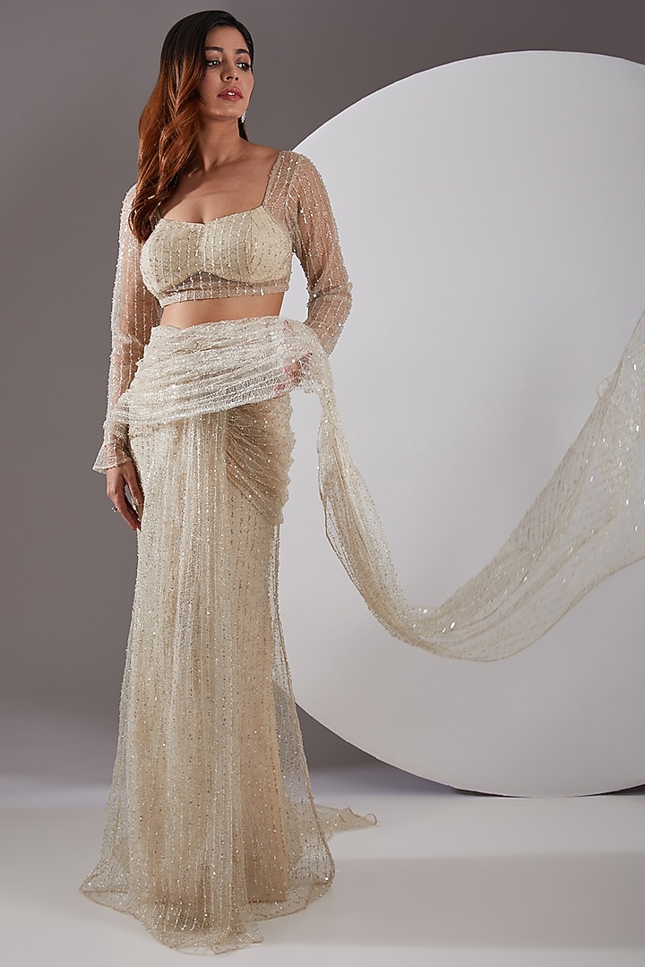 Cream Lace Embellished Wedding Gown Saree Set by AMIT GT at Pernia's Pop Up Shop