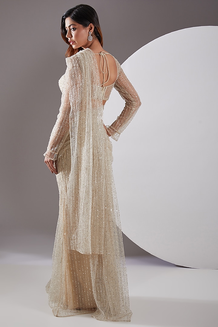 Cream Lace Embellished Wedding Gown Saree Set by AMIT GT at Pernia's Pop Up Shop