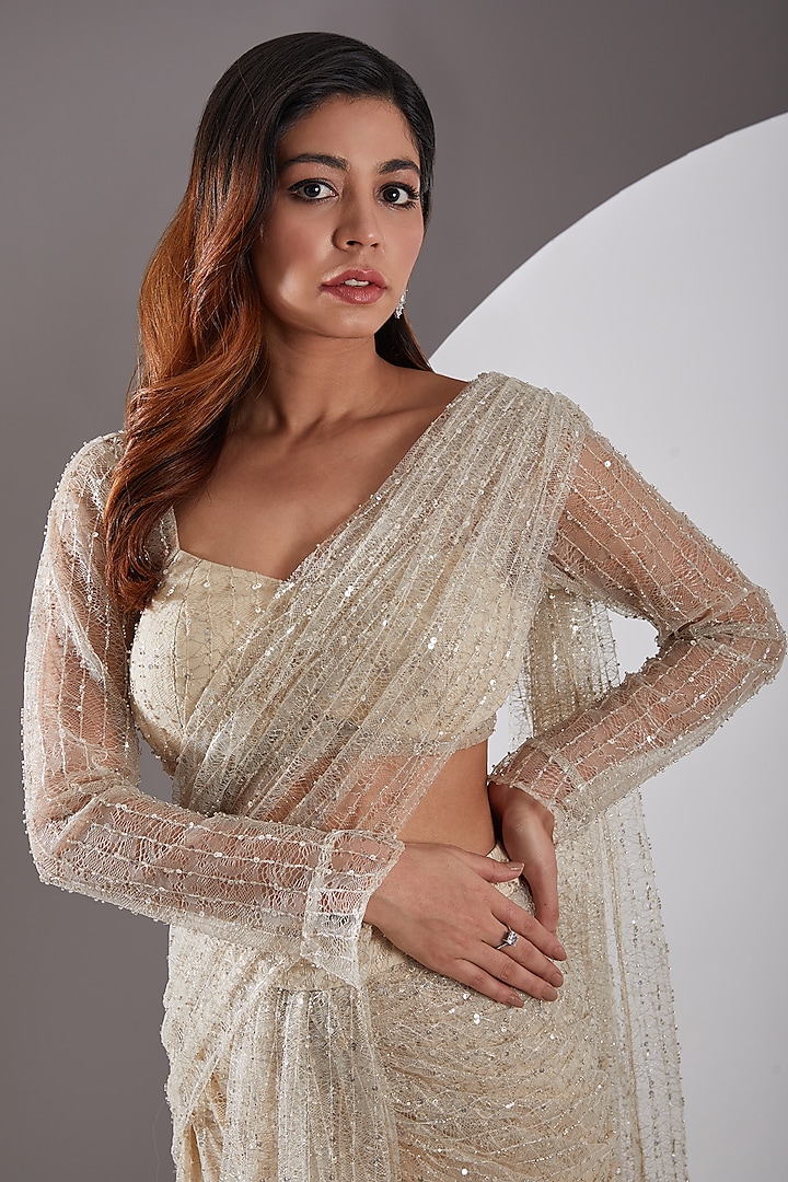 Cream Lace Embellished Wedding Gown Saree Set by AMIT GT at Pernia's Pop Up Shop